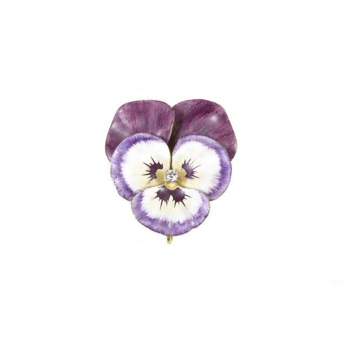 Antique violet and white enamel, diamond and 14ct gold pansy brooch by Krementz, American c.1900, | MasterArt
